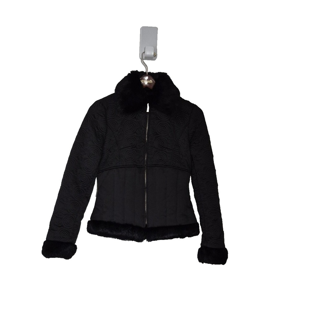 Bebe Jacket Women S Black Quilted Down Rabbit Fur Trim Collar Cuffs Full Zip Vtg